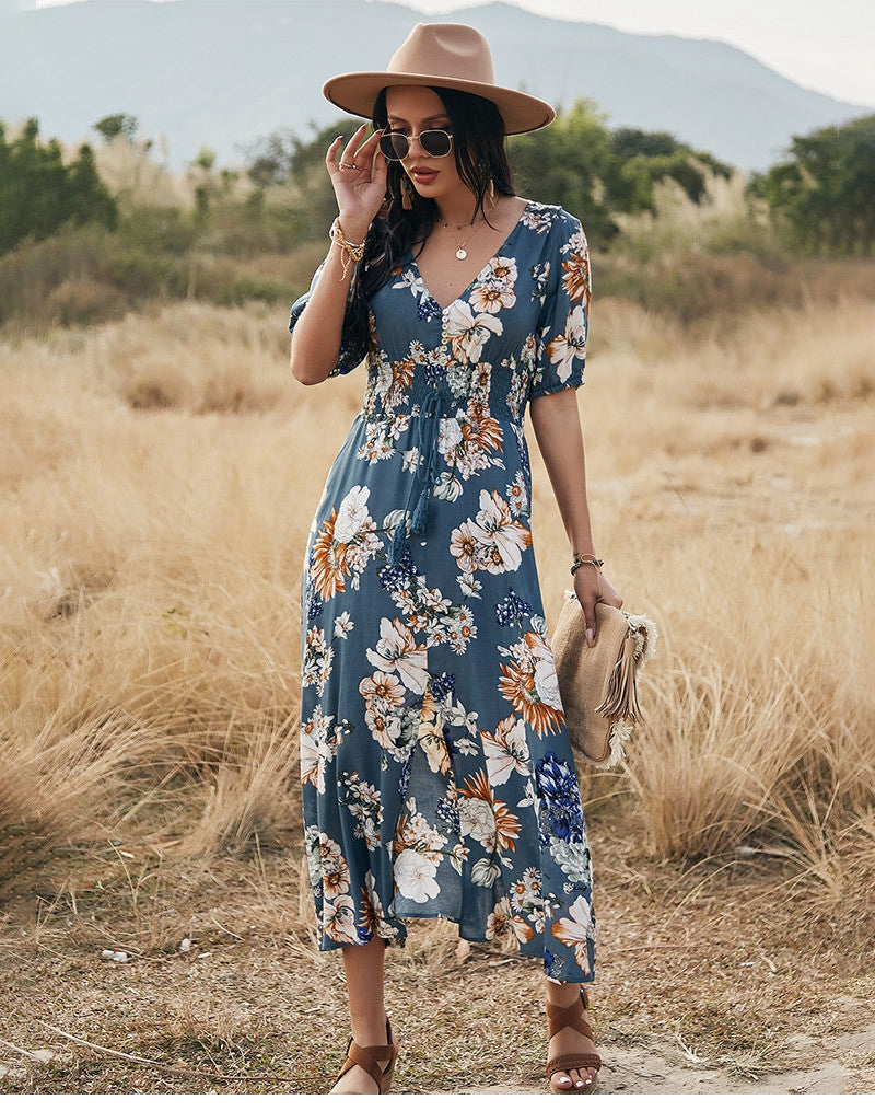 Floral V Neck Maxi Dresses (Blue) (S-XL ...
